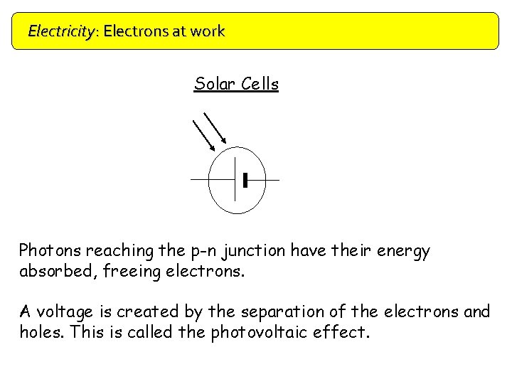 Electricity: Electrons at work Doping Solar Cells Photons reaching the p-n junction have their