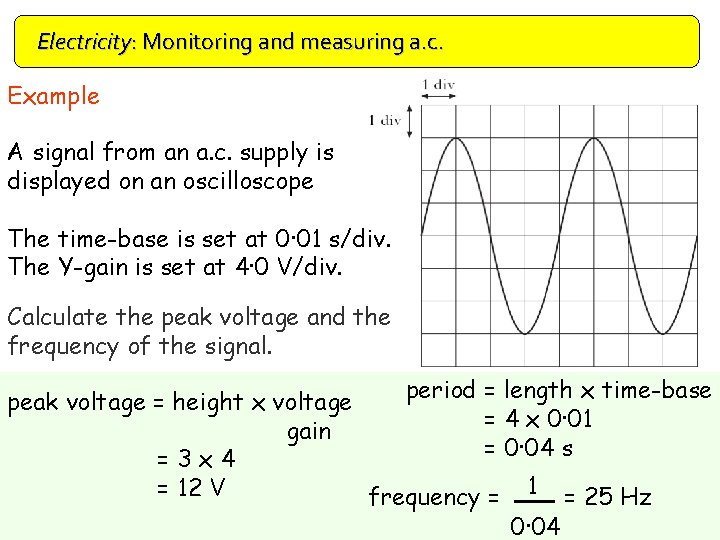 Electricity: Monitoring and measuring a. c. Example A signal from an a. c. supply