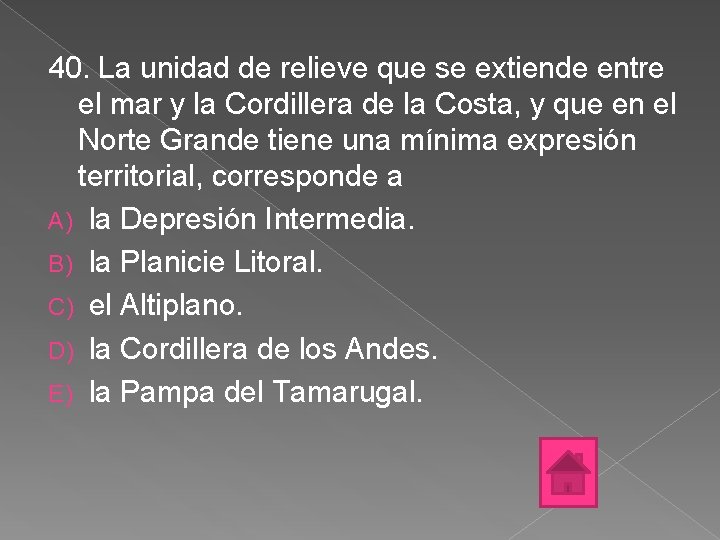 40. La unidad de relieve que se extiende entre el mar y la Cordillera