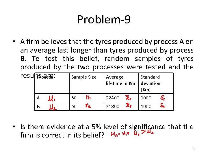 Problem-9 • A firm believes that the tyres produced by process A on an