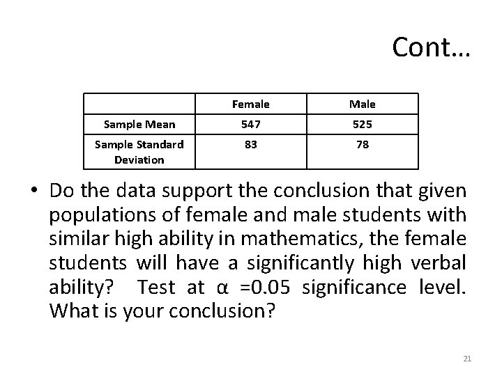 Cont… Female Male Sample Mean 547 525 Sample Standard Deviation 83 78 • Do