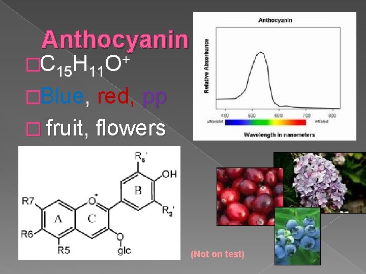Anthocyanin �C 15 H 11 + O �Blue, red, pp � fruit, flowers (Not