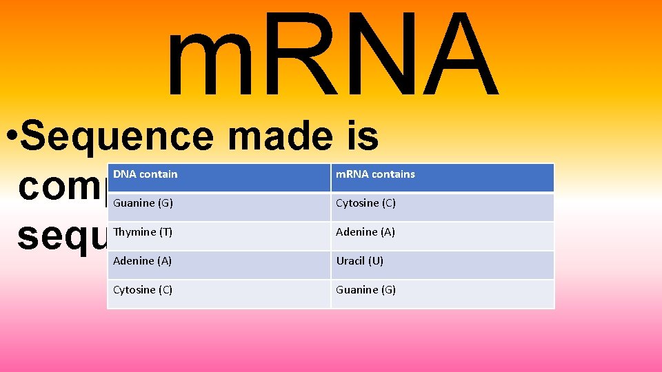 m. RNA • Sequence made is complementary to the DNA sequence DNA contain m.