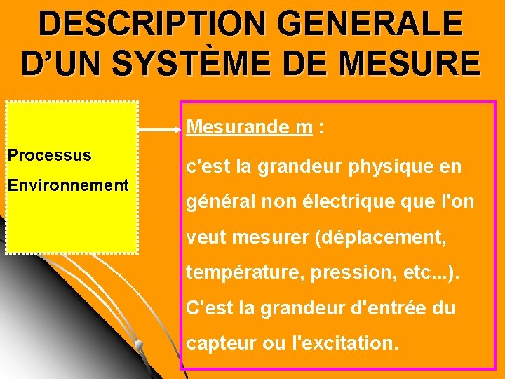 DESCRIPTION GENERALE D’UN SYSTÈME DE MESURE Mesurande m : Processus Environnement c'est la grandeur DESCRIPTION GENERALE D’UN SYSTÈME DE MESURE Mesurande m : Processus Environnement c'est la grandeur