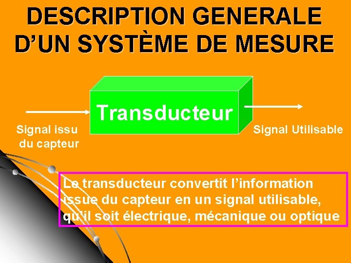 DESCRIPTION GENERALE D’UN SYSTÈME DE MESURE Signal issu du capteur Transducteur Signal Utilisable Le DESCRIPTION GENERALE D’UN SYSTÈME DE MESURE Signal issu du capteur Transducteur Signal Utilisable Le