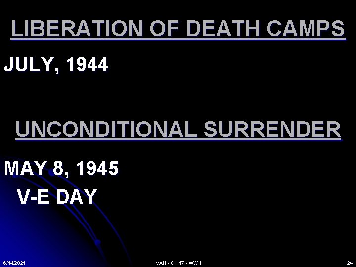 LIBERATION OF DEATH CAMPS JULY, 1944 UNCONDITIONAL SURRENDER MAY 8, 1945 V-E DAY 6/14/2021