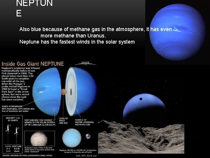 NEPTUN E Also blue because of methane gas in the atmosphere, it has even