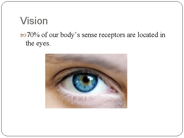 Vision 70% of our body’s sense receptors are located in the eyes. 