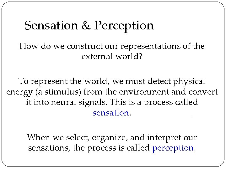 Sensation & Perception How do we construct our representations of the external world? To