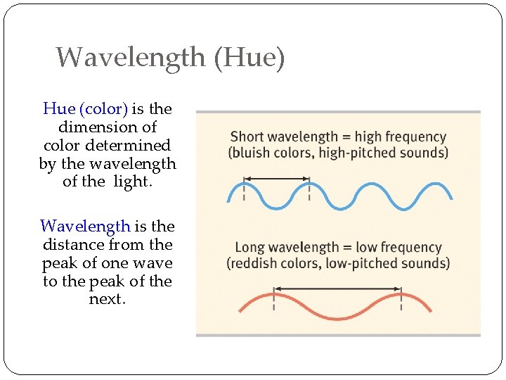 Wavelength (Hue) Hue (color) is the dimension of color determined by the wavelength of