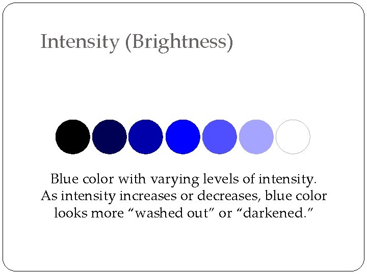 Intensity (Brightness) Blue color with varying levels of intensity. As intensity increases or decreases,