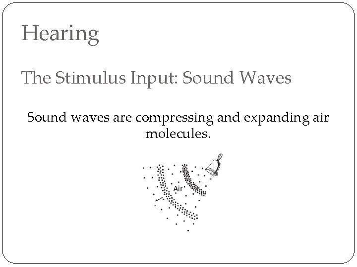 Hearing The Stimulus Input: Sound Waves Sound waves are compressing and expanding air molecules.