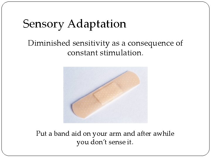 Sensory Adaptation Diminished sensitivity as a consequence of constant stimulation. Put a band aid