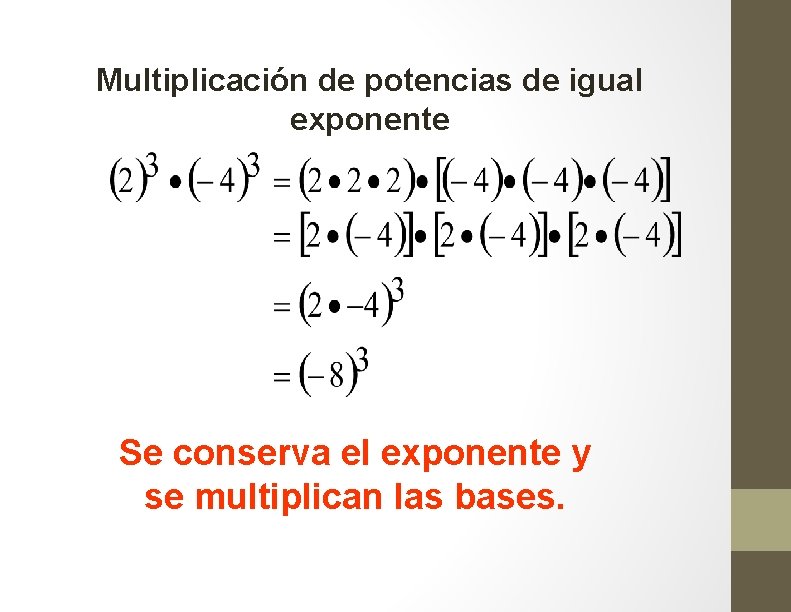 Multiplicación de potencias de igual exponente Se conserva el exponente y se multiplican las