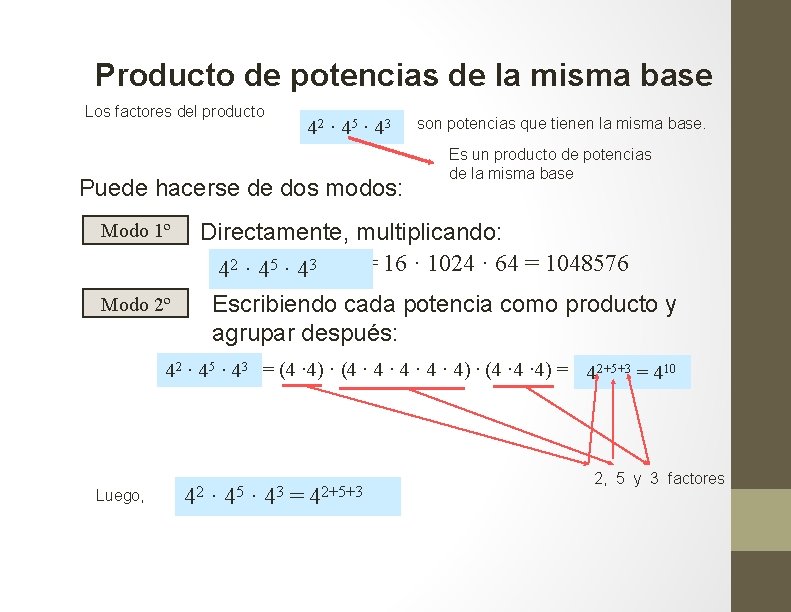 Producto de potencias de la misma base Los factores del producto 42 · 45