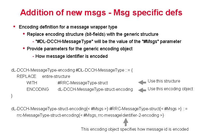 Addition of new msgs - Msg specific defs • Encoding definition for a message
