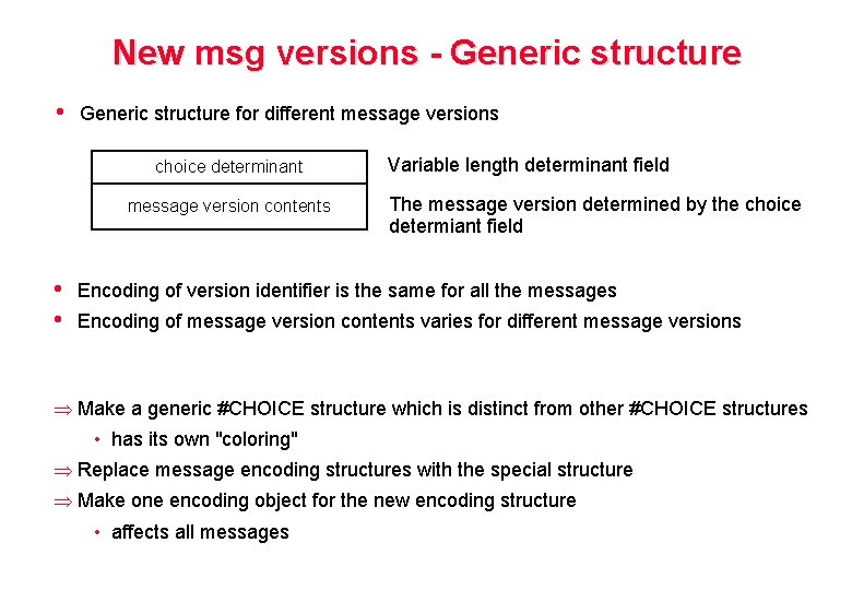 New msg versions - Generic structure • Generic structure for different message versions choice