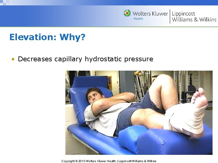 Elevation: Why? • Decreases capillary hydrostatic pressure Copyright © 2013 Wolters Kluwer Health |