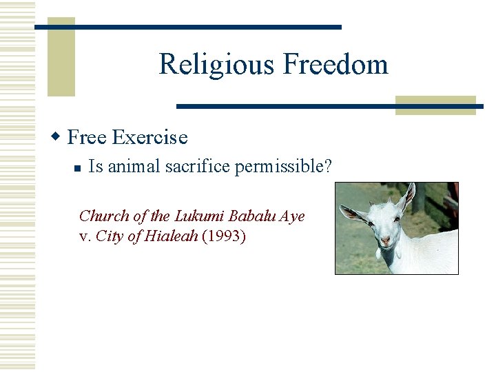 Religious Freedom w Free Exercise n Is animal sacrifice permissible? Church of the Lukumi