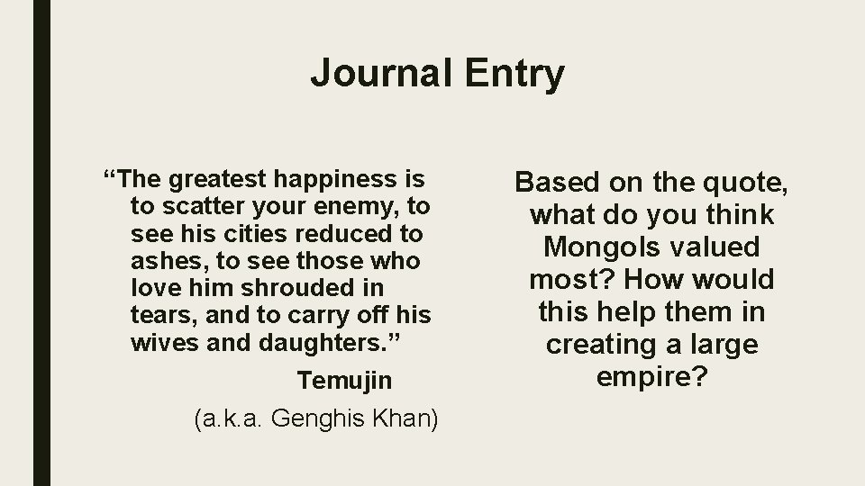 Journal Entry “The greatest happiness is to scatter your enemy, to see his cities