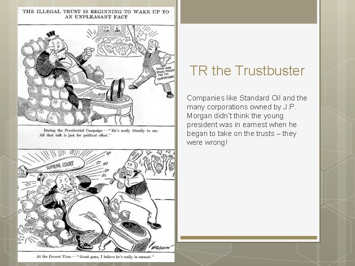 TR the Trustbuster Companies like Standard Oil and the many corporations owned by J. TR the Trustbuster Companies like Standard Oil and the many corporations owned by J.