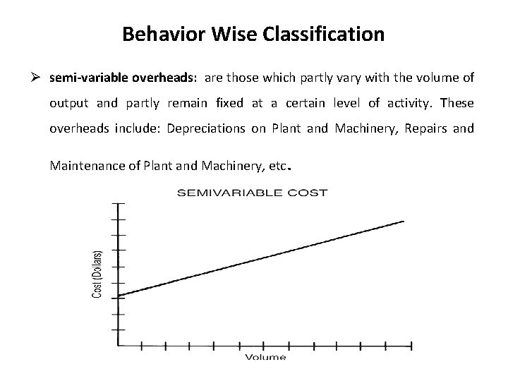 Behavior Wise Classification Ø semi-variable overheads: are those which partly vary with the volume