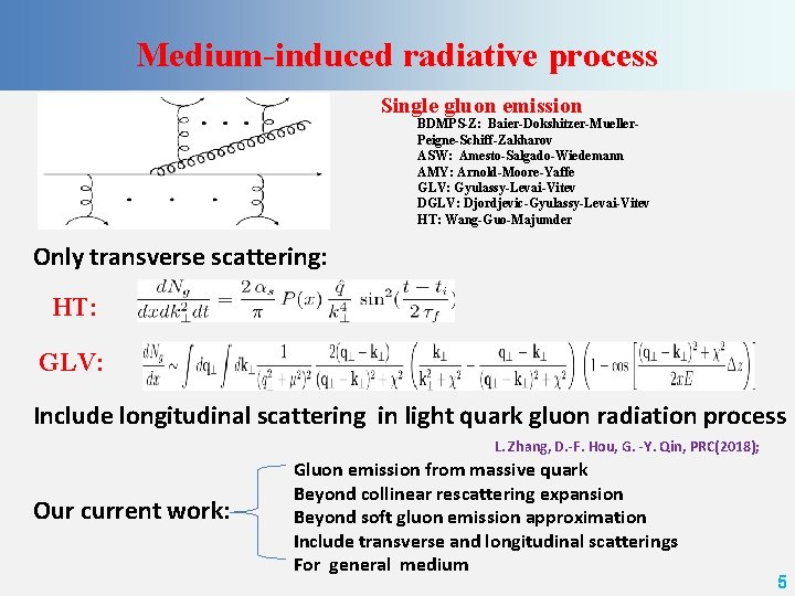 Medium-induced radiative process Single gluon emission BDMPS-Z: Baier-Dokshitzer-Mueller. Peigne-Schiff-Zakharov ASW: Amesto-Salgado-Wiedemann AMY: Arnold-Moore-Yaffe GLV: