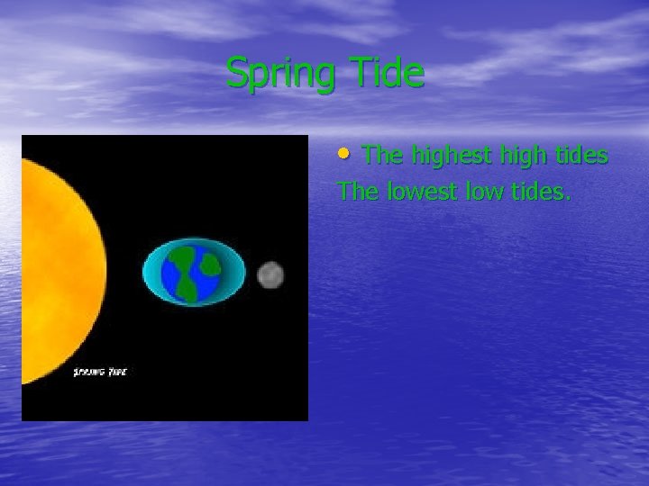 Spring Tide • The highest high tides The lowest low tides. 