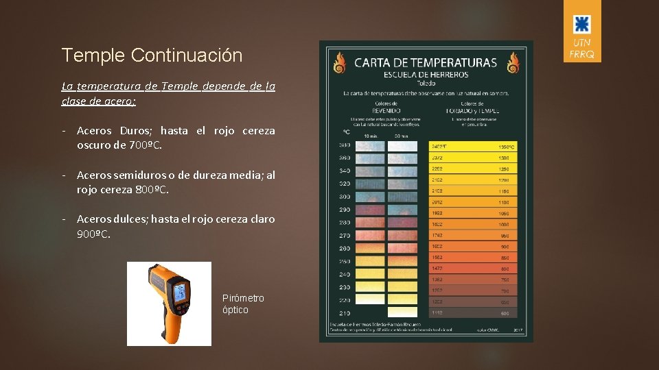 Temple Continuación La temperatura de Temple depende de la clase de acero; - Aceros