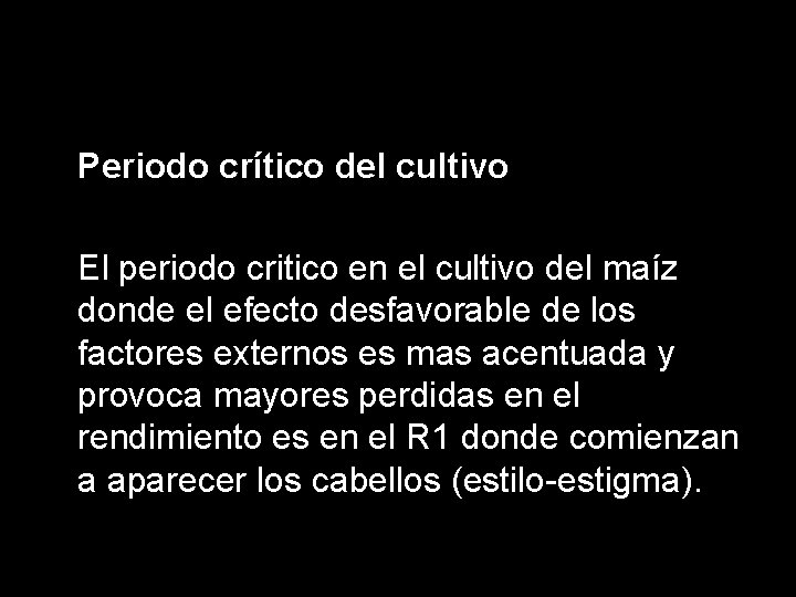 Periodo crítico del cultivo El periodo critico en el cultivo del maíz donde el