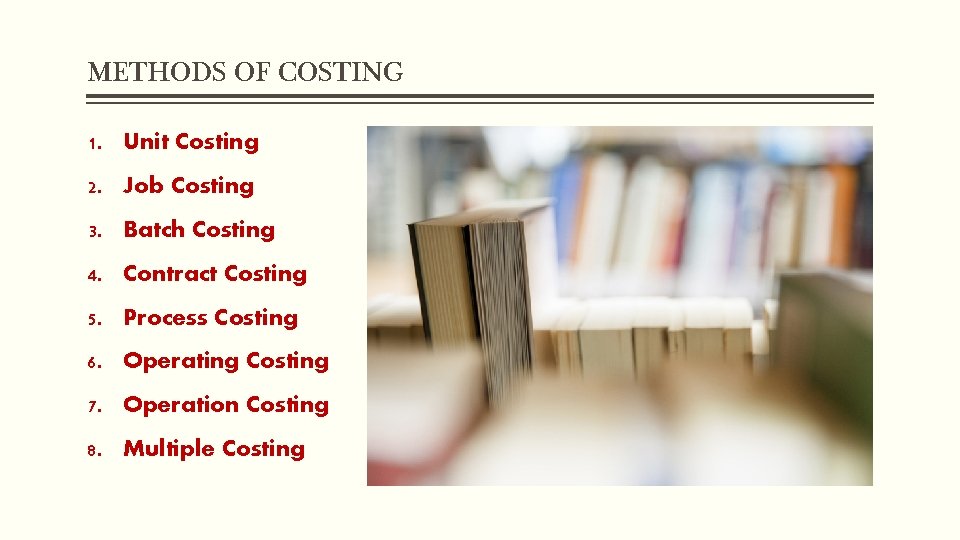 METHODS OF COSTING 1. Unit Costing 2. Job Costing 3. Batch Costing 4. Contract