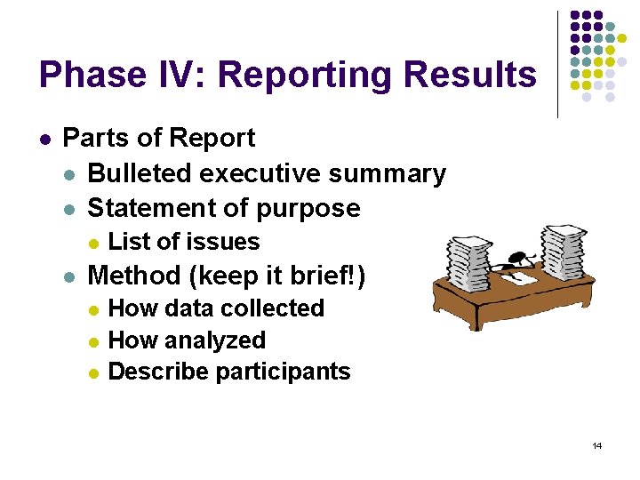 Phase IV: Reporting Results l Parts of Report l Bulleted executive summary l Statement