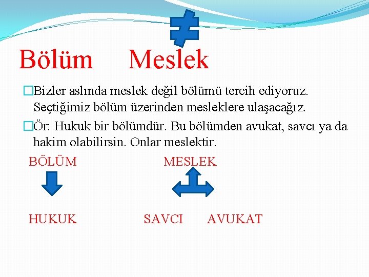 Bölüm Meslek �Bizler aslında meslek değil bölümü tercih ediyoruz. Seçtiğimiz bölüm üzerinden mesleklere ulaşacağız.