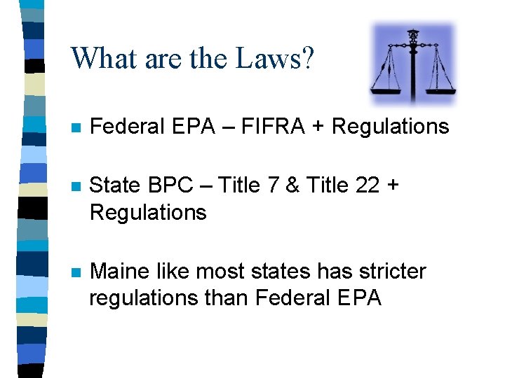 What are the Laws? n Federal EPA – FIFRA + Regulations n State BPC