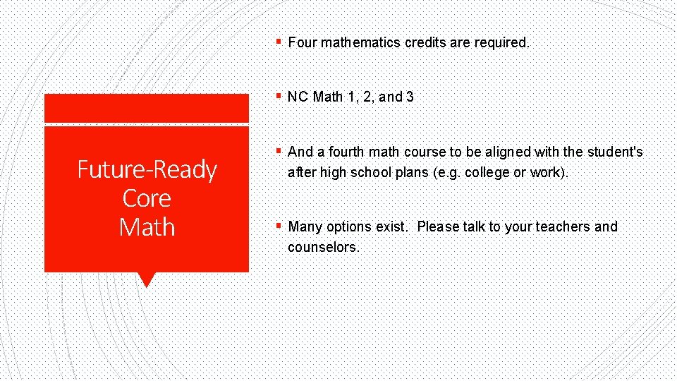 § Four mathematics credits are required. § NC Math 1, 2, and 3 Future-Ready