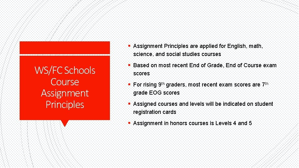 § Assignment Principles are applied for English, math, science, and social studies courses WS/FC