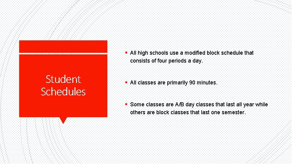 § All high schools use a modified block schedule that consists of four periods