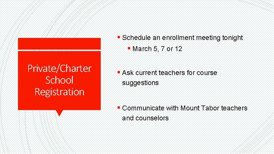 § Schedule an enrollment meeting tonight § March 5, 7 or 12 Private/Charter School