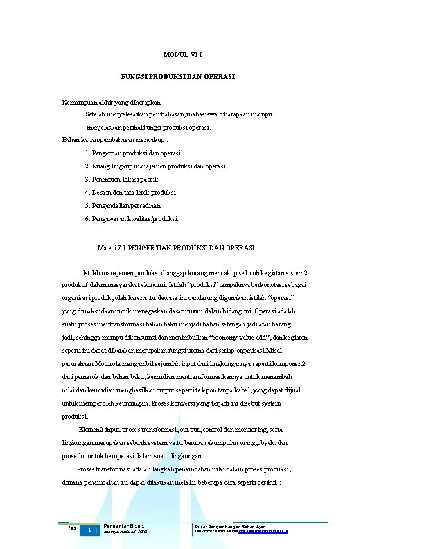 MODUL VI I FUNGSI PRODUKSI DAN OPERASI Kemampuan