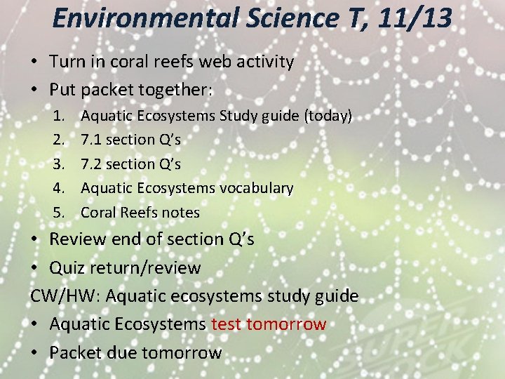 Environmental Science T, 11/13 • Turn in coral reefs web activity • Put packet