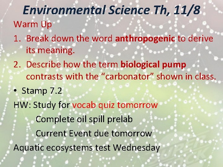 Environmental Science Th, 11/8 Warm Up 1. Break down the word anthropogenic to derive