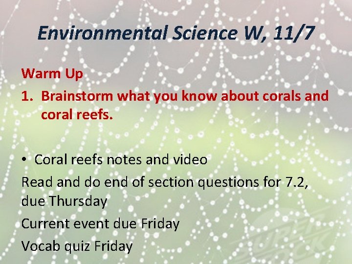 Environmental Science W, 11/7 Warm Up 1. Brainstorm what you know about corals and