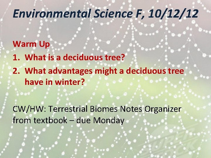Environmental Science F, 10/12/12 Warm Up 1. What is a deciduous tree? 2. What