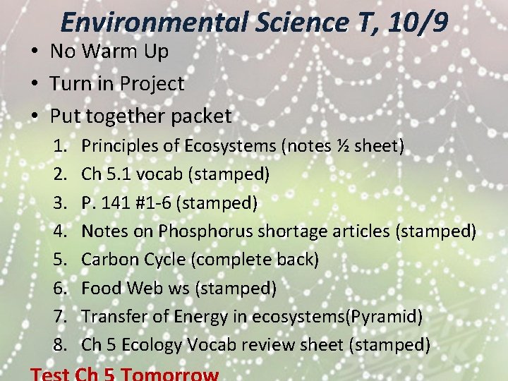 Environmental Science T, 10/9 • No Warm Up • Turn in Project • Put