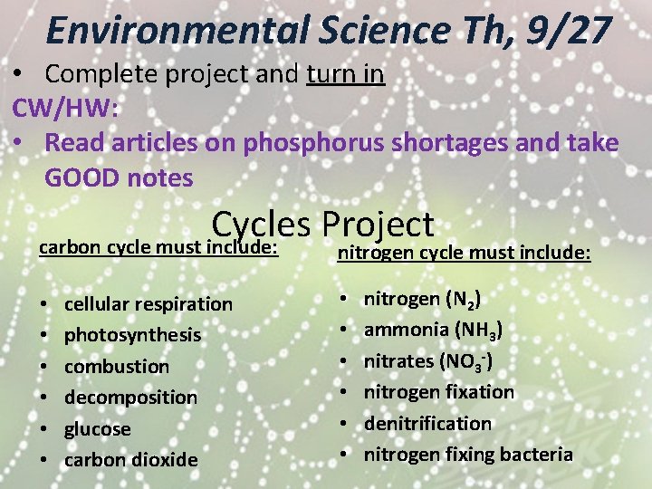 Environmental Science Th, 9/27 • Complete project and turn in CW/HW: • Read articles