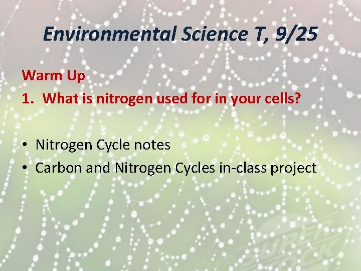 Environmental Science T, 9/25 Warm Up 1. What is nitrogen used for in your