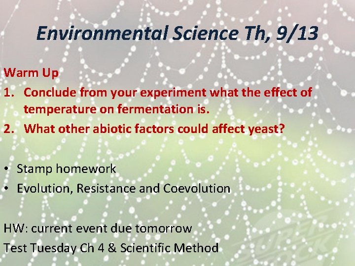 Environmental Science Th, 9/13 Warm Up 1. Conclude from your experiment what the effect