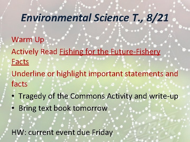 Environmental Science T. , 8/21 Warm Up Actively Read Fishing for the Future-Fishery Facts