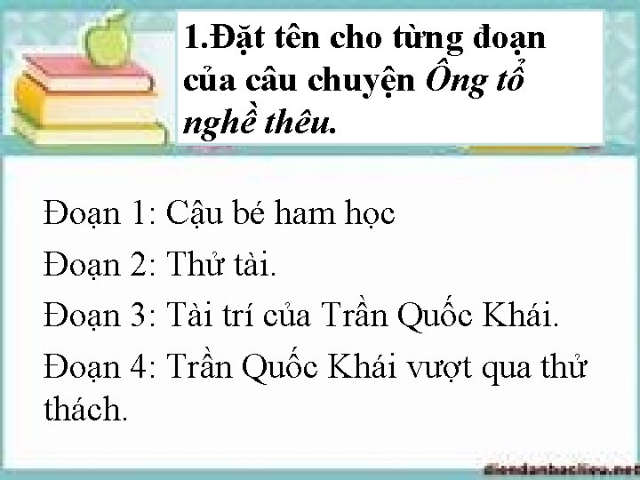 1. Đặt tên cho từng đoạn của câu chuyện Ông tổ nghề thêu. Đoạn