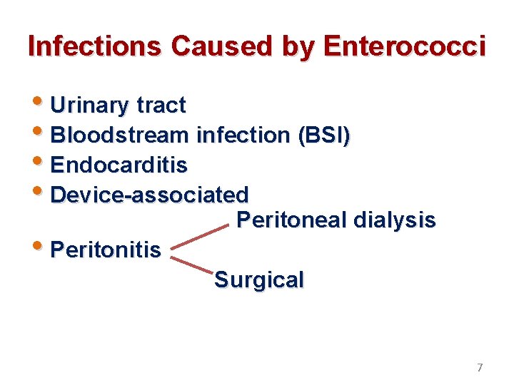Infections Caused by Enterococci • Urinary tract • Bloodstream infection (BSI) • Endocarditis •